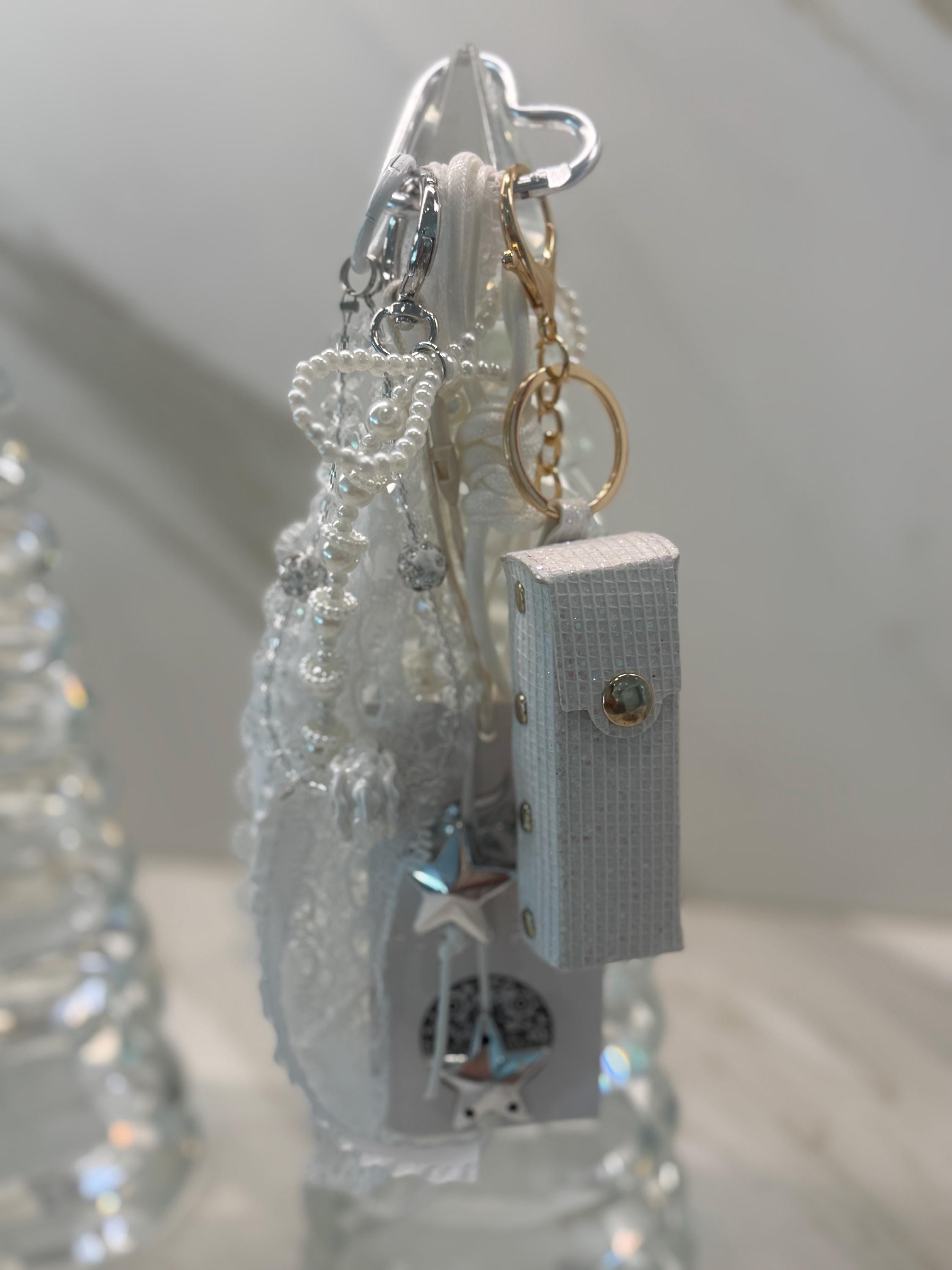 Glam Lipstick Holder Bag Charm Keychain with Pearls, Ribbon & Star Charm