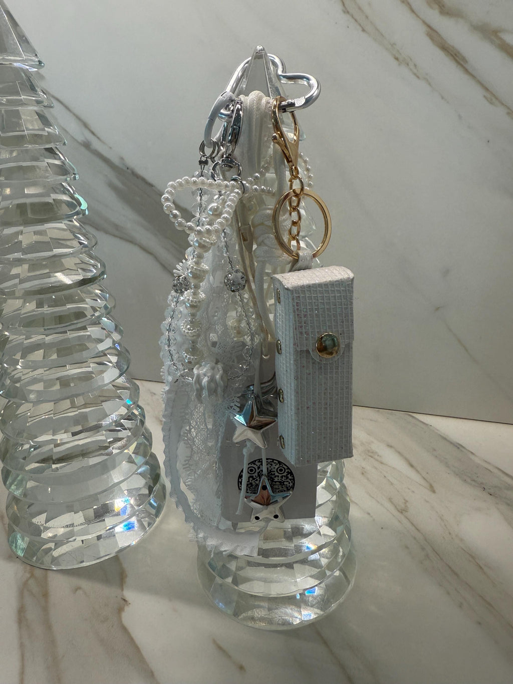 Glam Lipstick Holder Bag Charm Keychain with Pearls, Ribbon & Star Charm