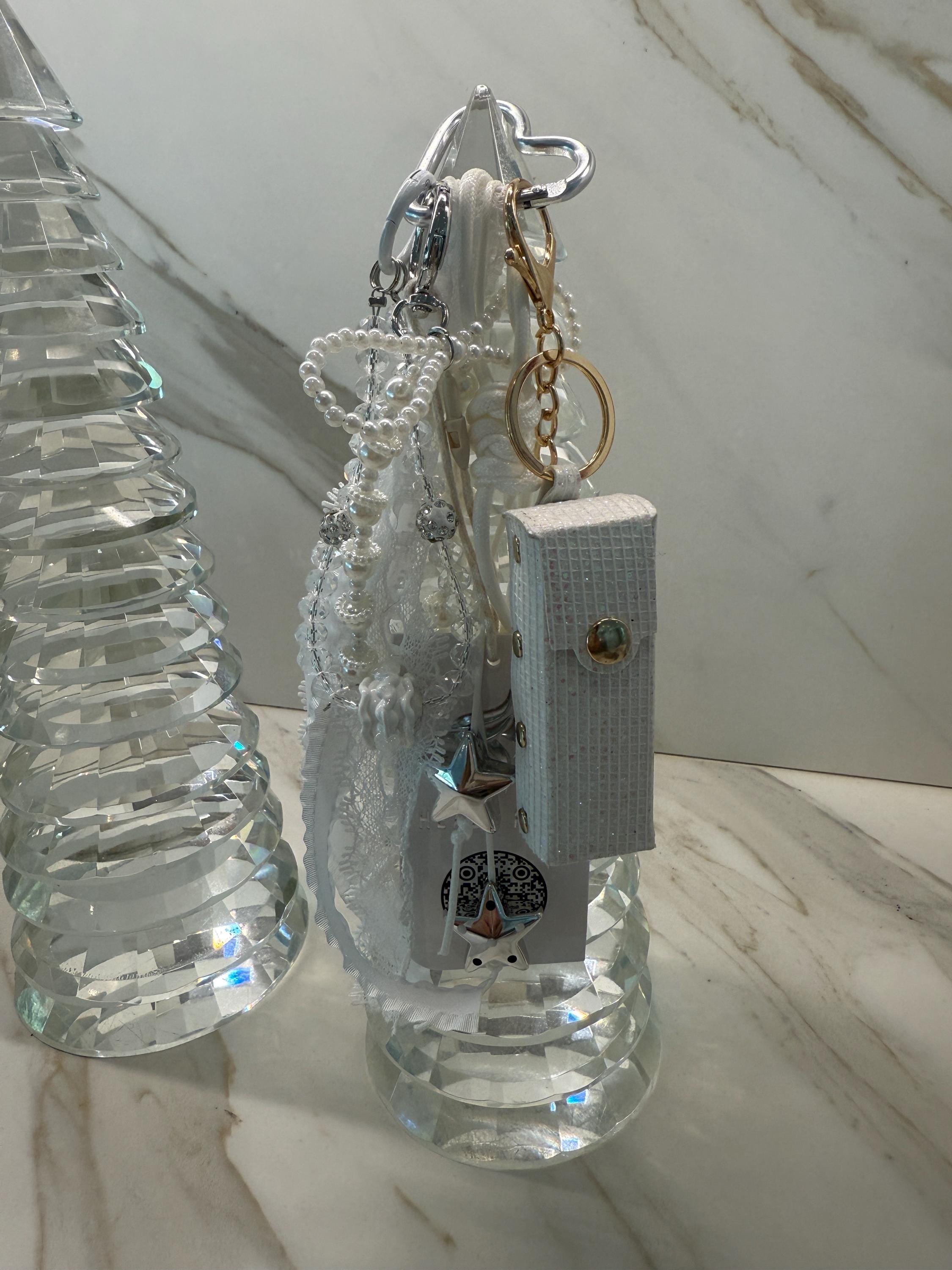 Glam Lipstick Holder Bag Charm Keychain with Pearls, Ribbon & Star Charm