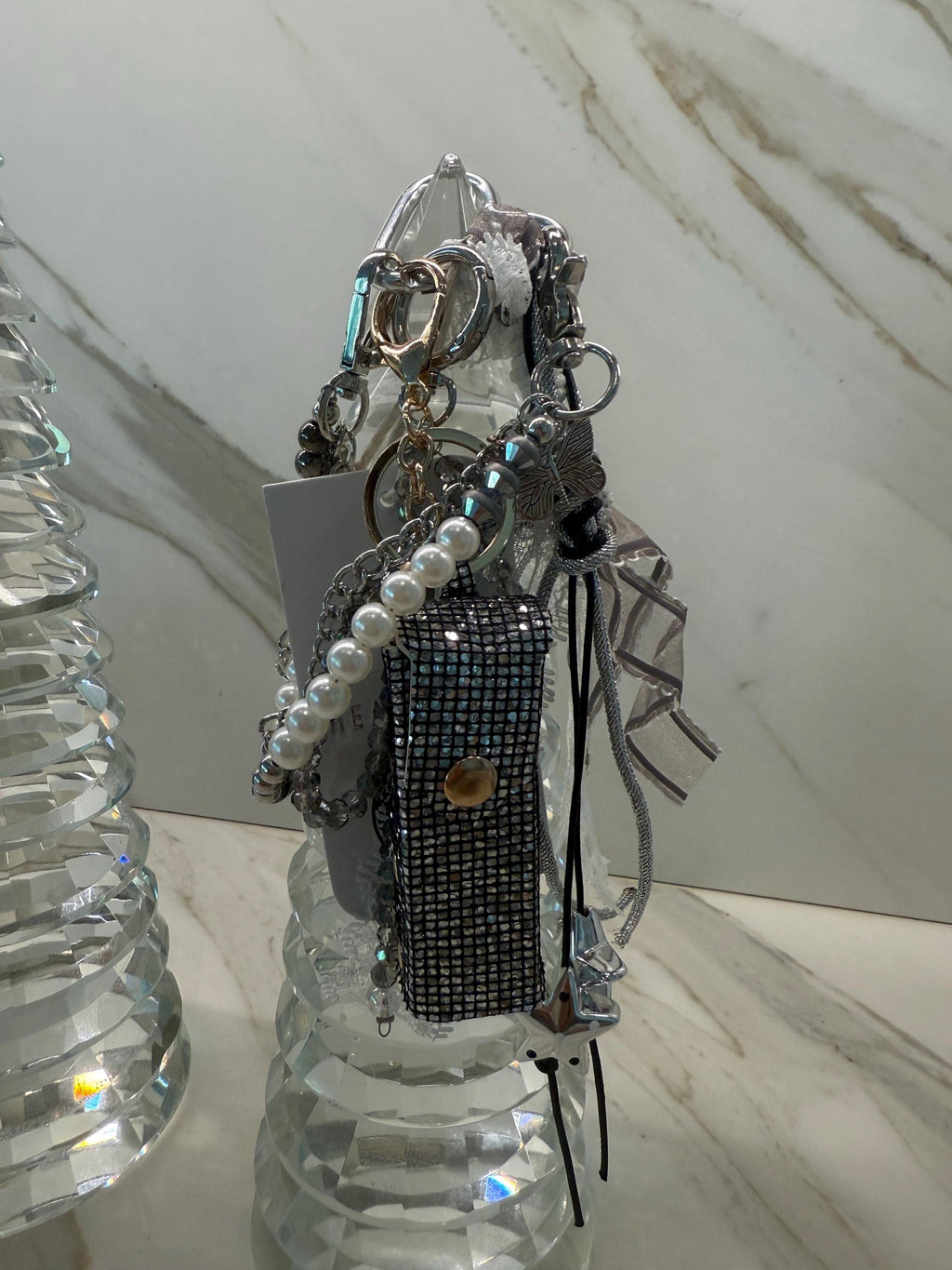 Glam Lipstick Holder Bag Charm Keychain with Pearls, Ribbon & Star Charm