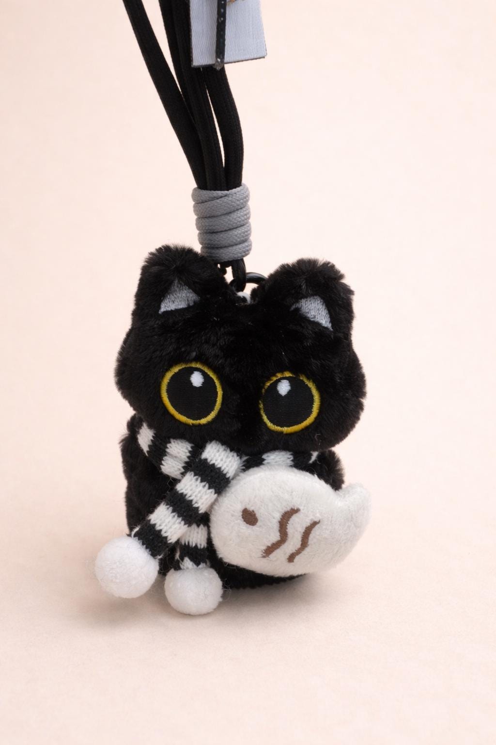 White Plush Cat Keychain, Fluffy Animal Bag Charm, Striped Scarf Bee Accent Secondary image