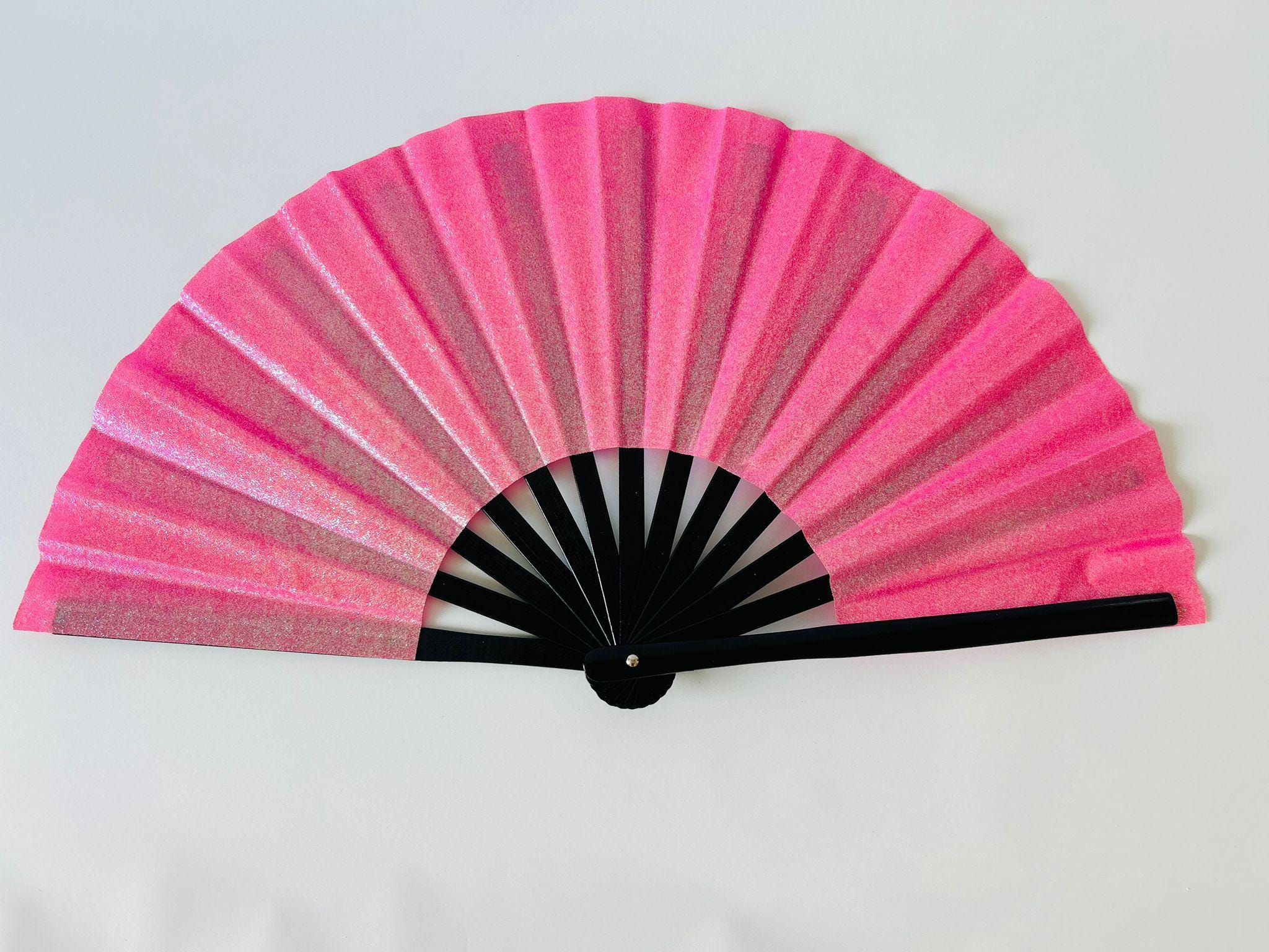 Large Folding Hand Fan Bamboo & Silk | Solid Color or Glitter Gift for Travelers