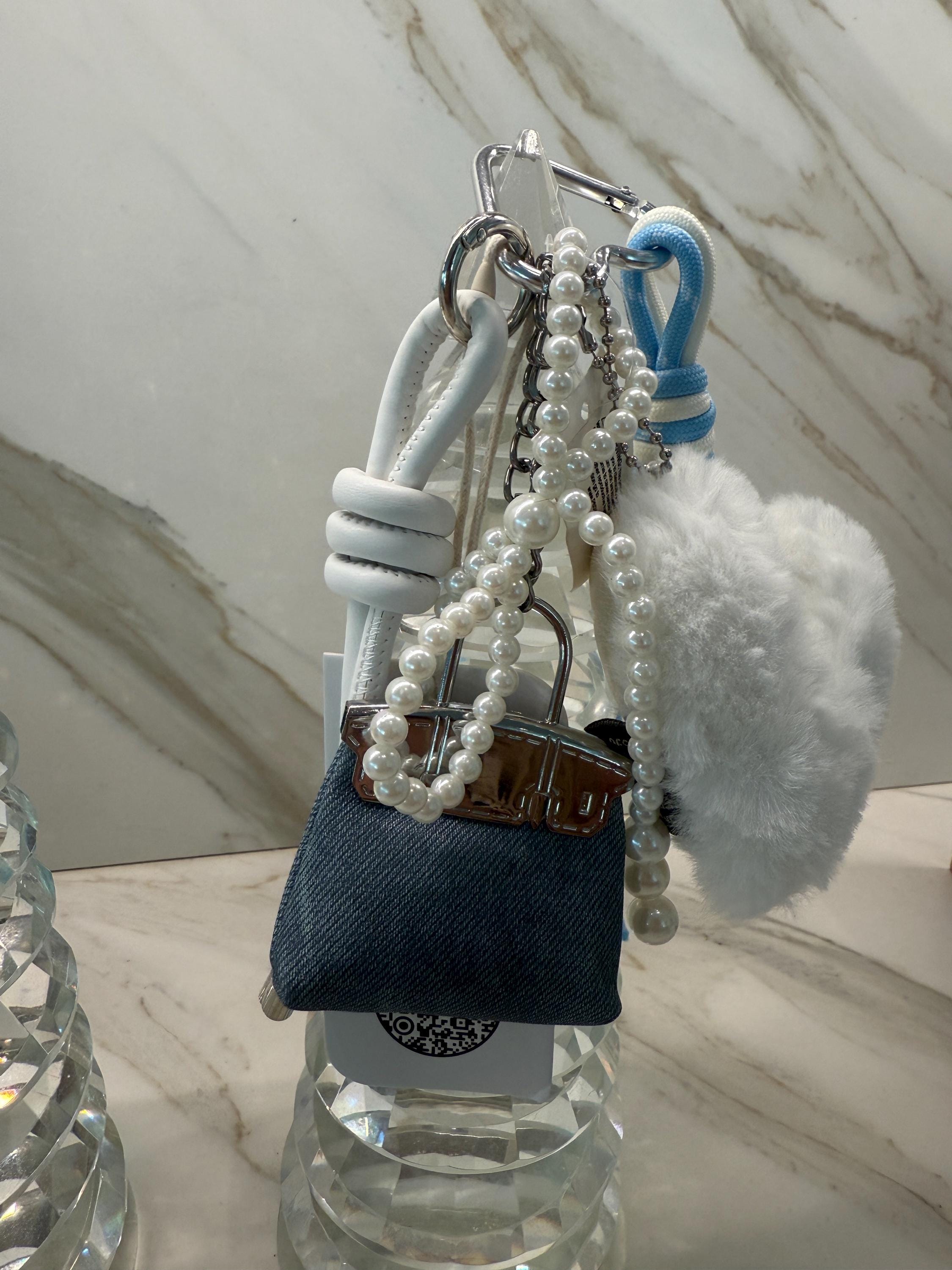 Mini Handbag Bag Charm Set – Pearl Strap & Fluffy Heart Pom