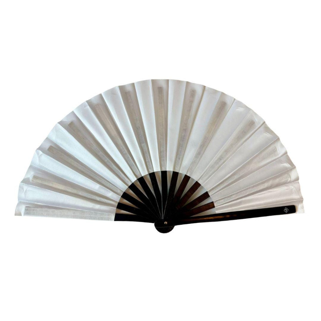 White hand fan with black center on a white background Main image
