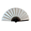 White hand fan with black center on a white background
