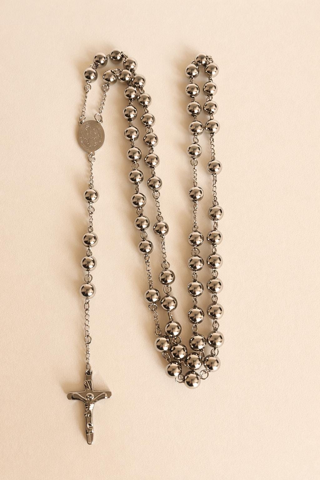 Stainless Steel Catholic Rosary Necklace, Crucifix Prayer Beads, Unisex Christian Jewelry