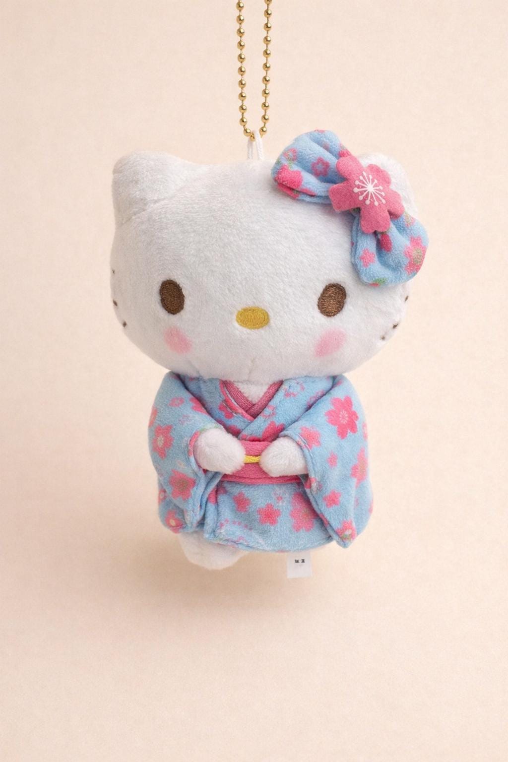 Mini Cat Plush Charm with Floral Kimono and Bow – Bag Keychain Accessory