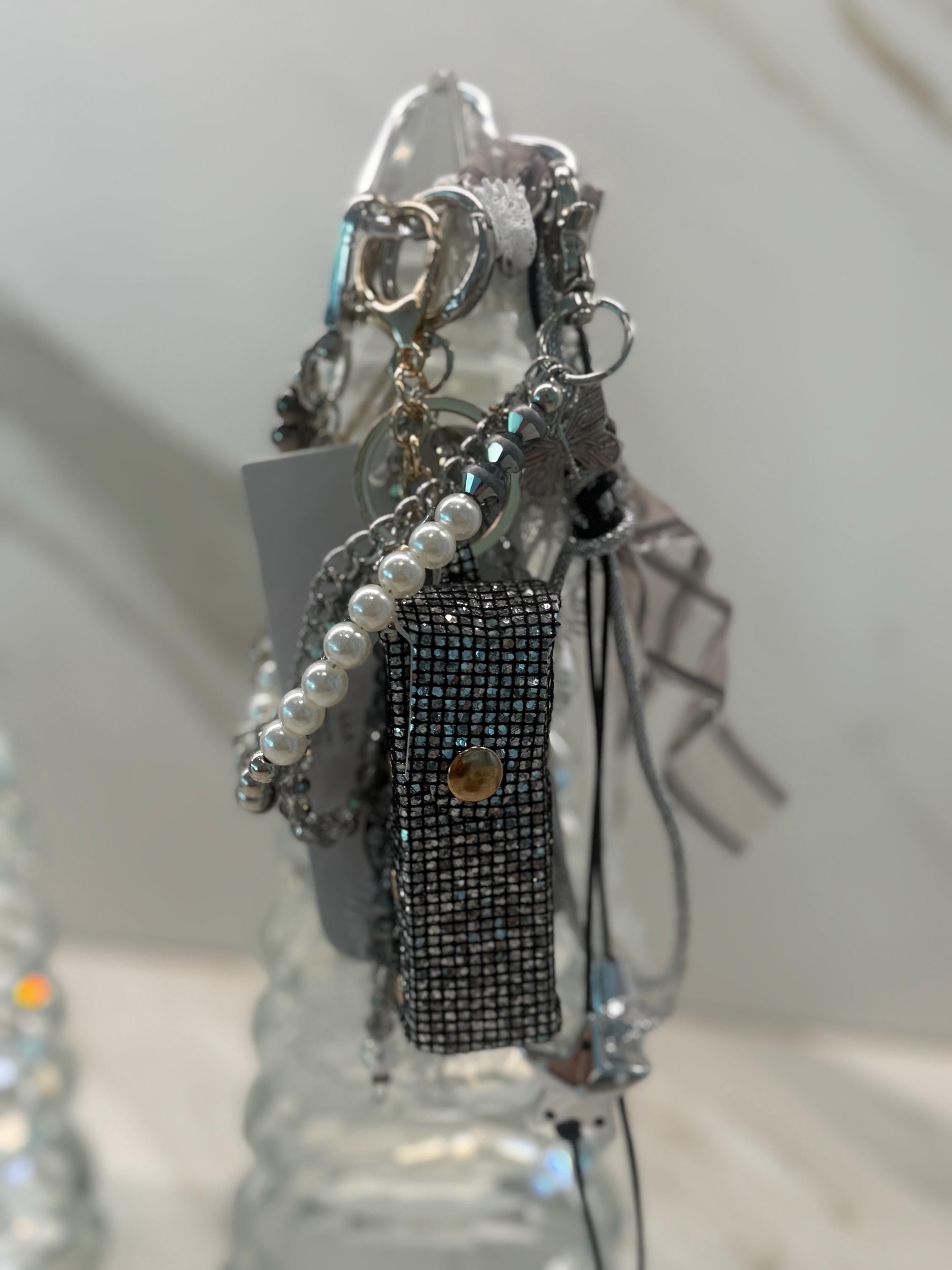 Glam Lipstick Holder Bag Charm Keychain with Pearls, Ribbon & Star Charm