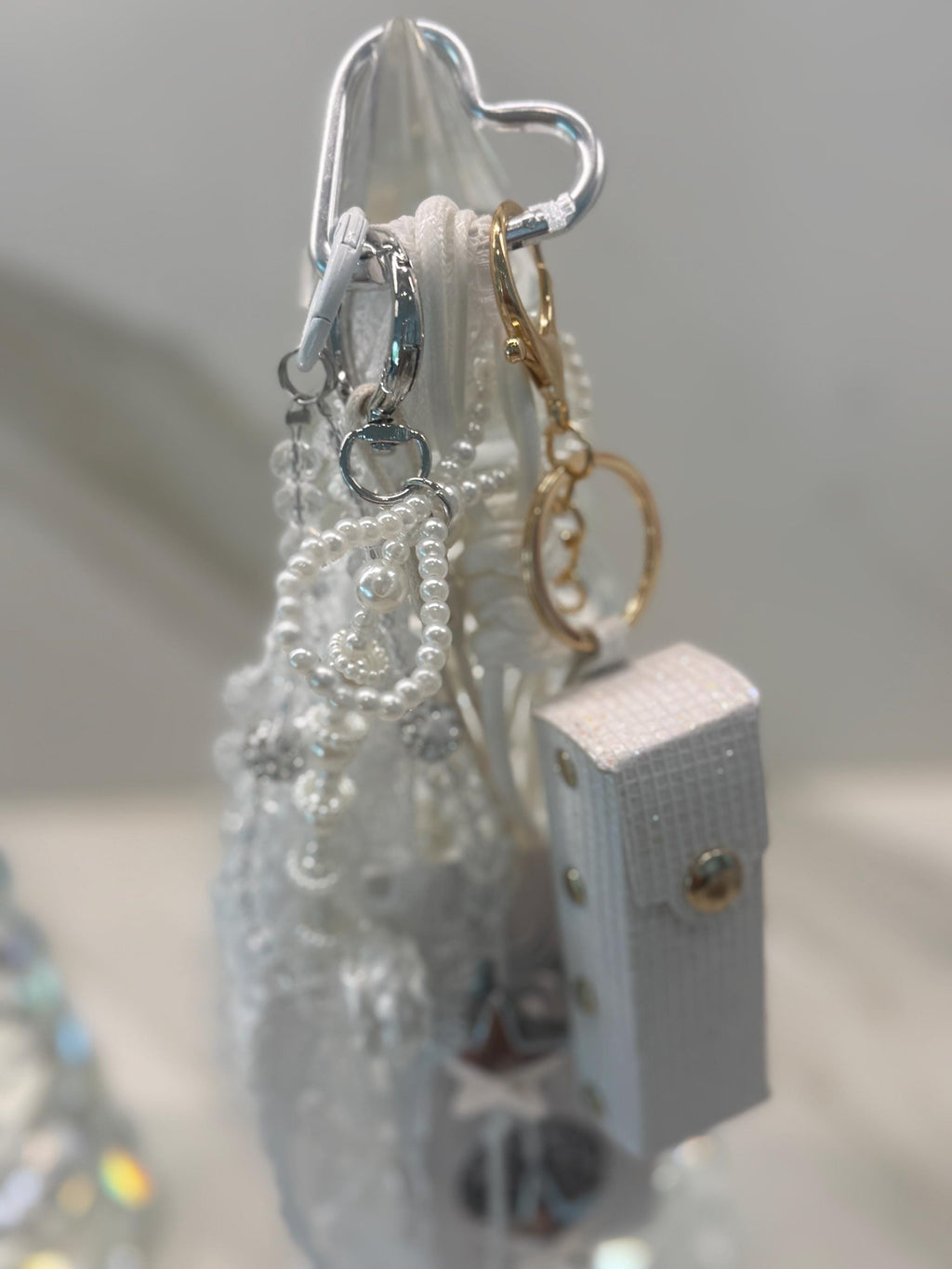 Glam Lipstick Holder Bag Charm Keychain with Pearls, Ribbon & Star Charm