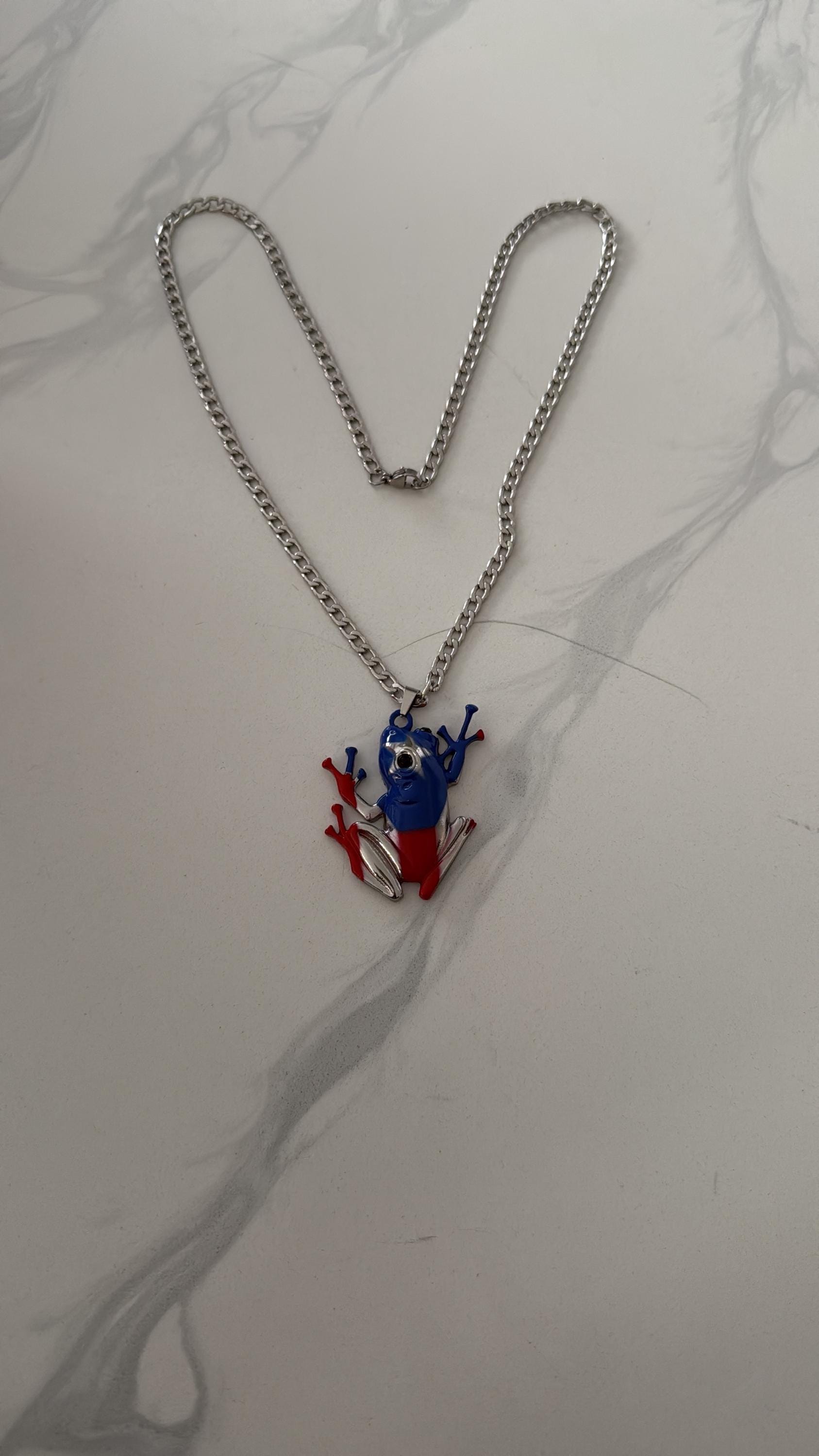 Puerto Rico Coqui Frog Necklace, PR Flag Pendant, Metallic Alloy Jewelry