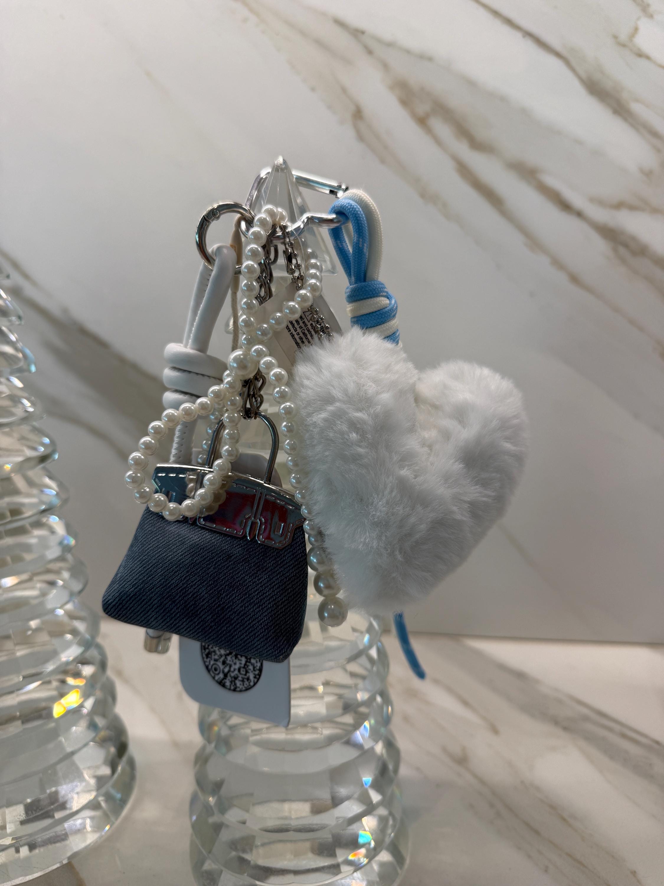Mini Handbag Bag Charm Set – Pearl Strap & Fluffy Heart Pom