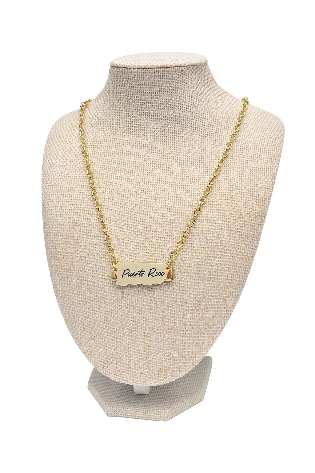 Gold Tone Puerto Rico Island Map Pendant Necklace, Minimalist Travel Style