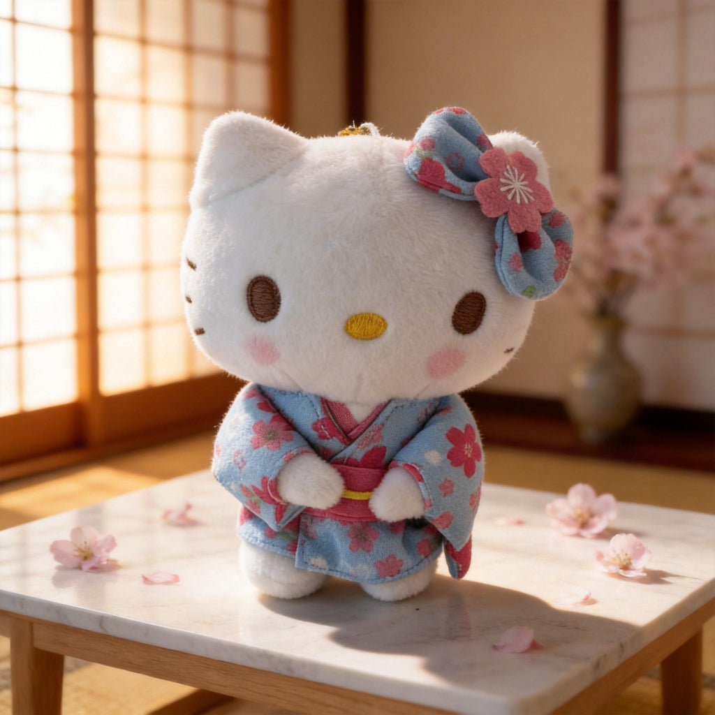 Mini Cat Plush Charm with Floral Kimono and Bow – Bag Keychain Accessory