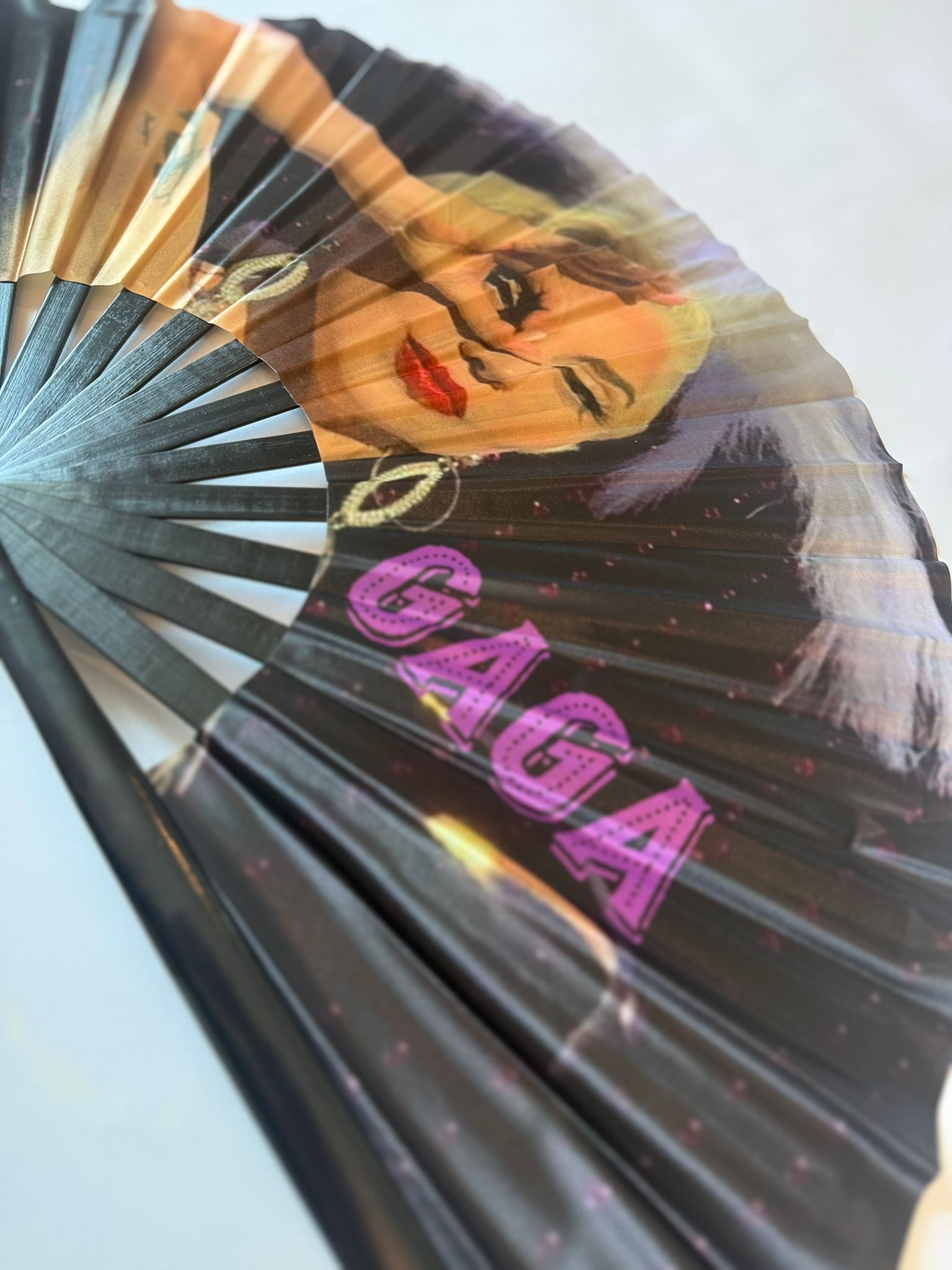 Large Bamboo Silk Folding Hand Fan  Bright Print Burlesque Style Fan Secondary image