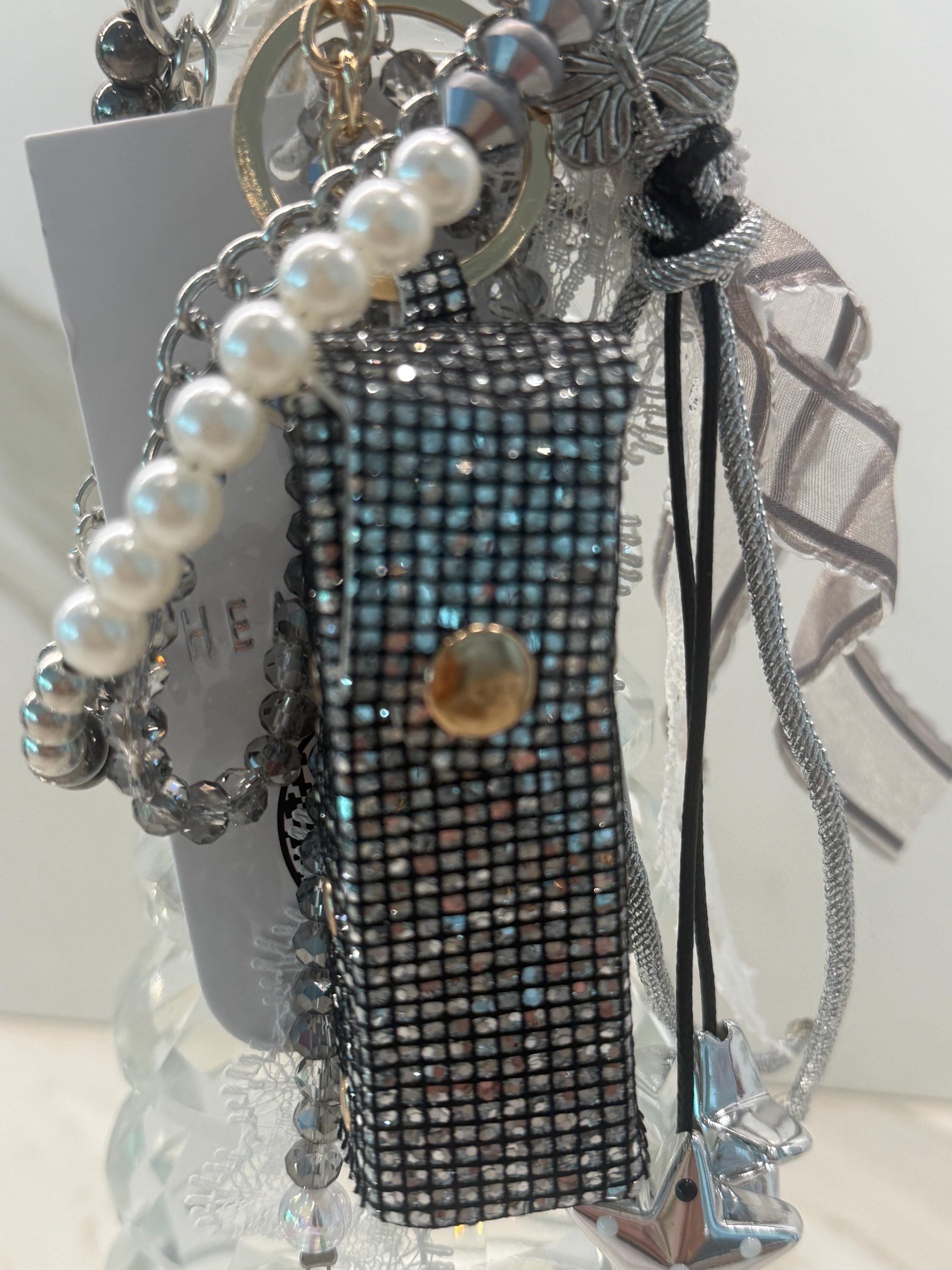 Glam Lipstick Holder Bag Charm Keychain with Pearls, Ribbon & Star Charm