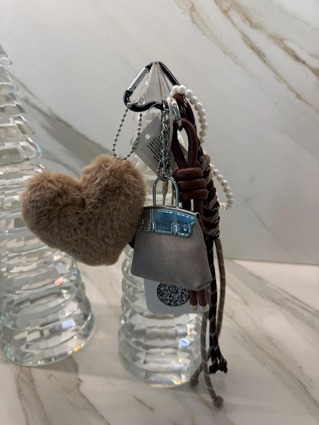 Mini Handbag Bag Charm Set – Pearl Strap & Fluffy Heart Pom