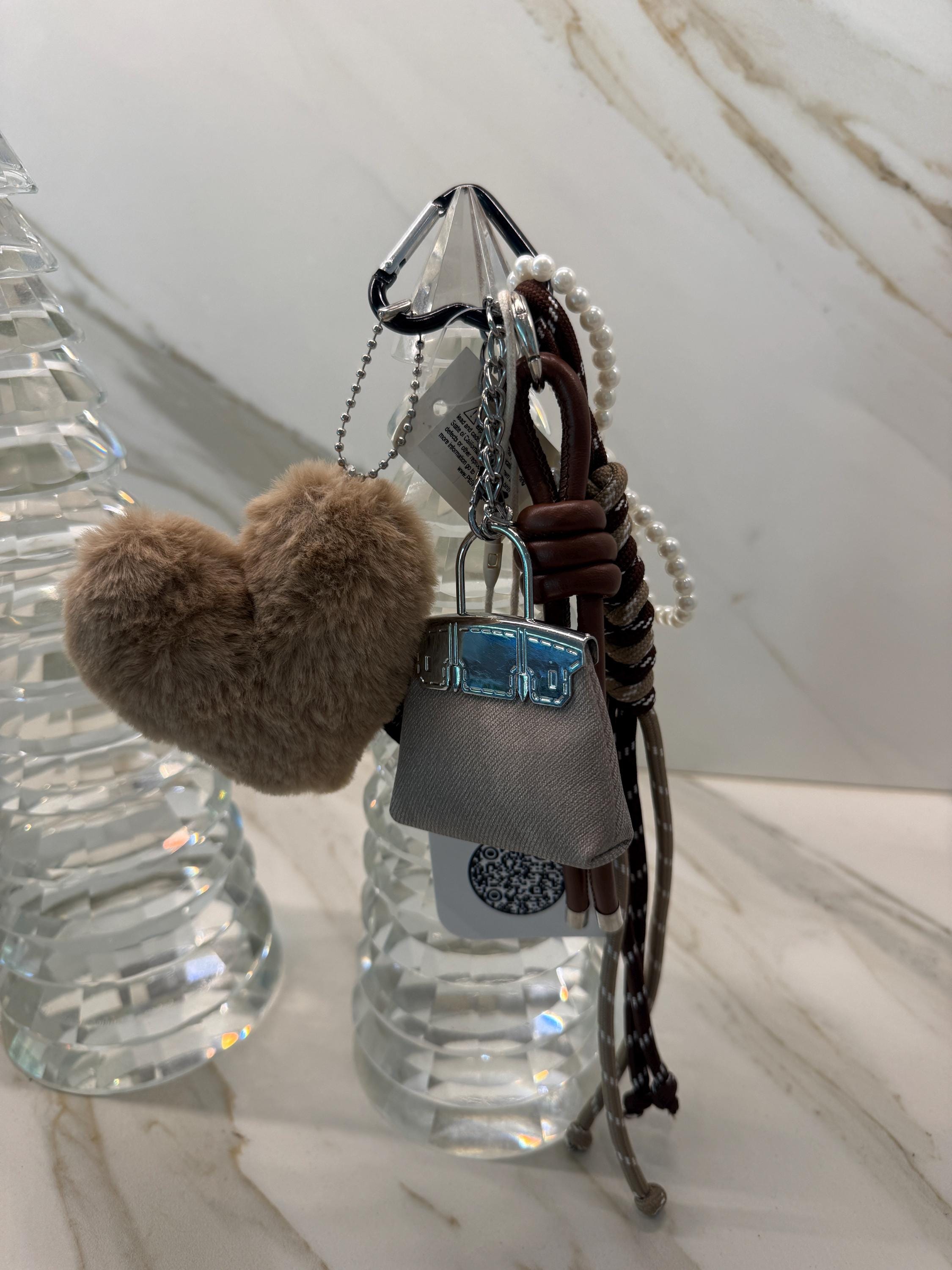 Mini Handbag Bag Charm Set – Pearl Strap & Fluffy Heart Pom