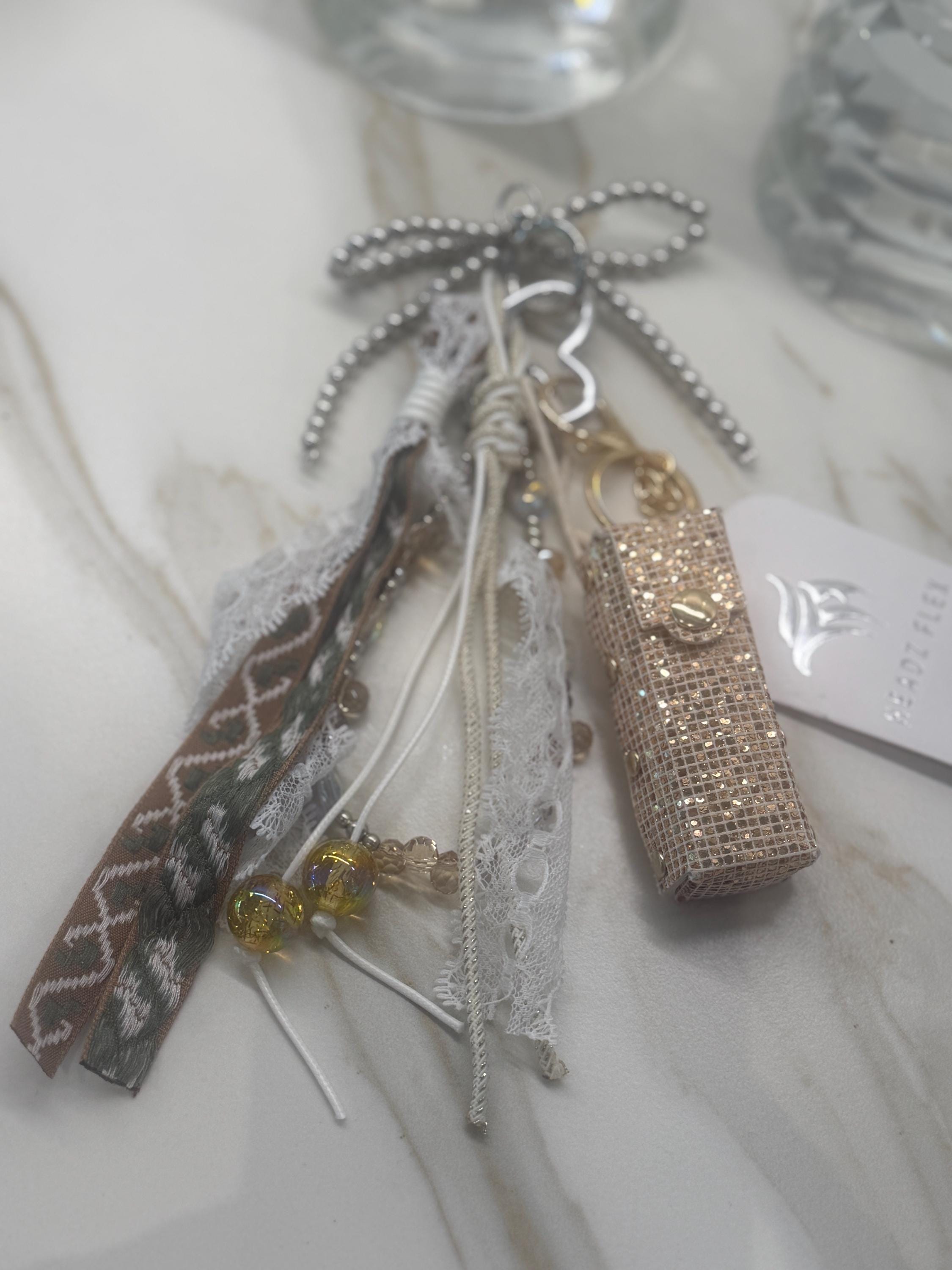 Glam Lipstick Holder Bag Charm Keychain with Pearls, Ribbon & Star Charm