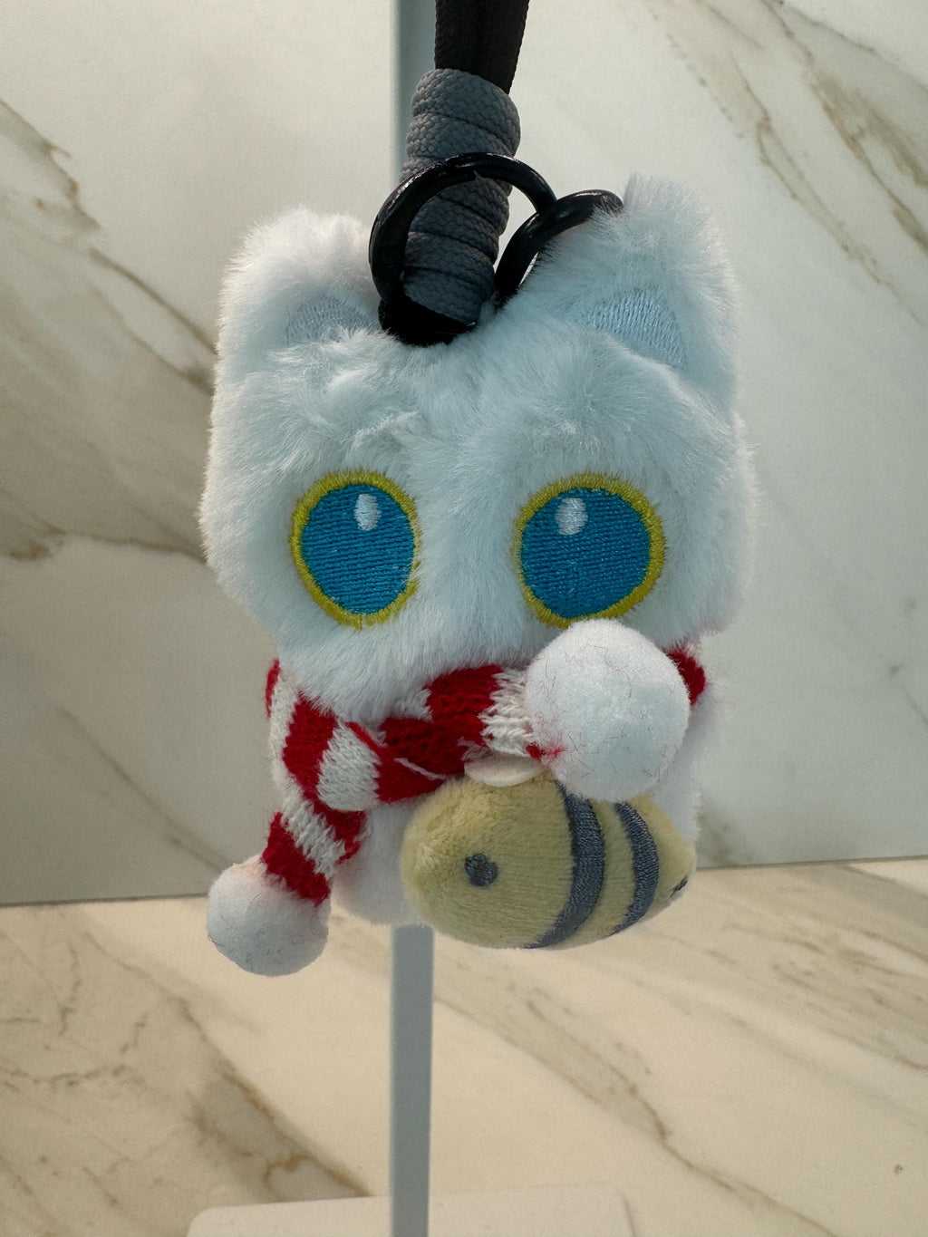 Fluffy Cat Plush Keychain – Scarf & Bee Bag Charm