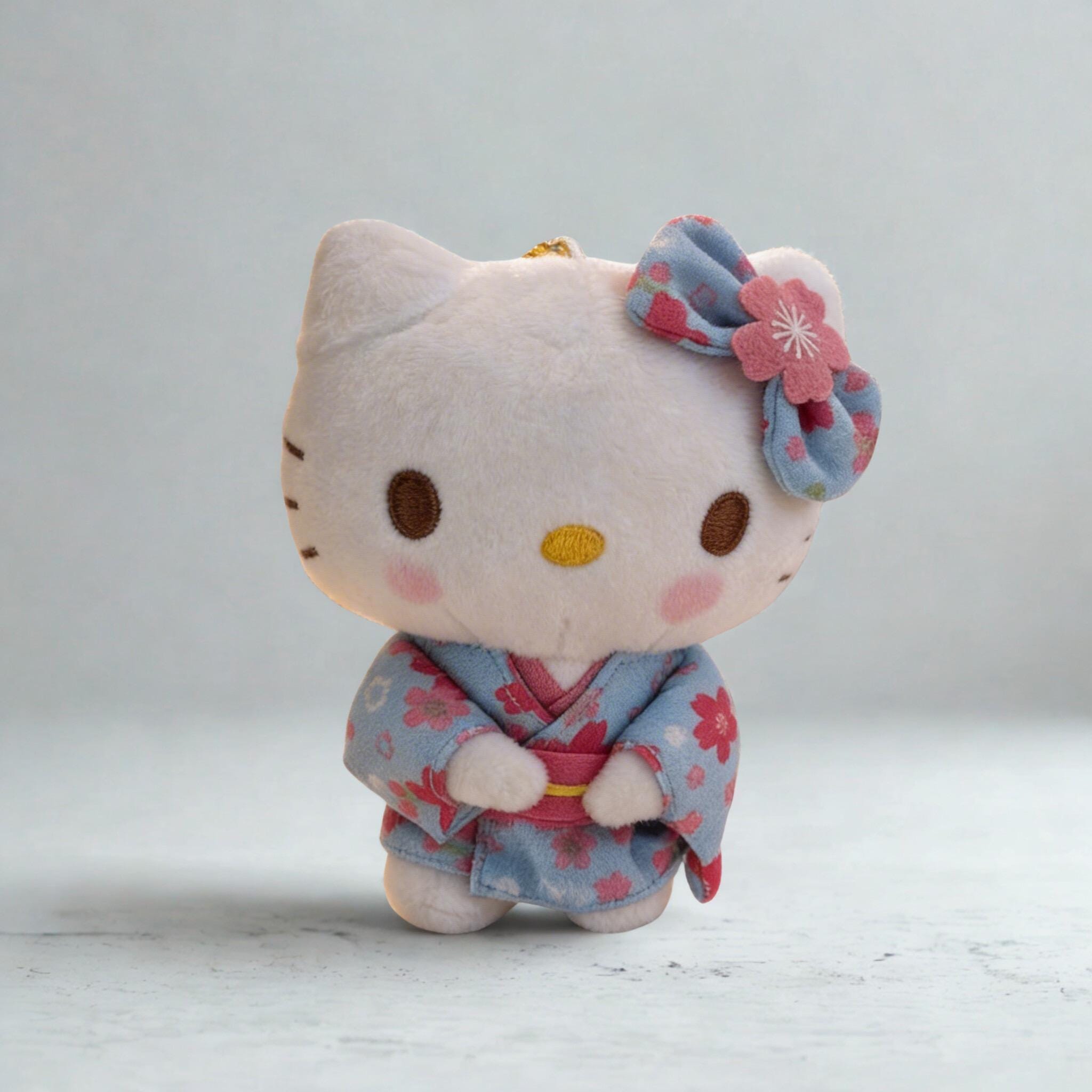Mini Cat Plush Charm with Floral Kimono and Bow – Bag Keychain Accessory