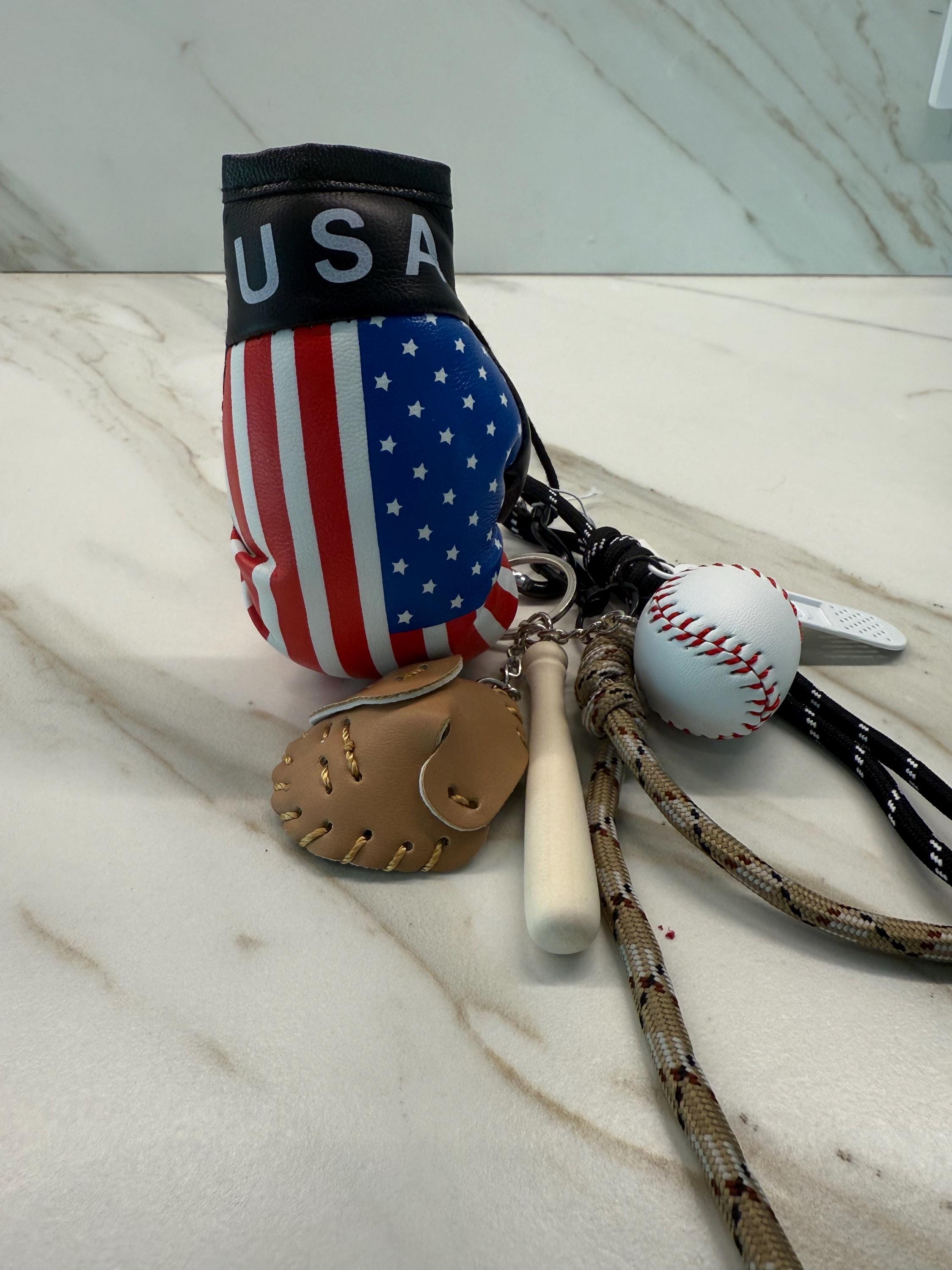 Boxer Car Charm with USA PR Dominica Republic Flag Gloves, Mini Baseball Set Accessories Main image