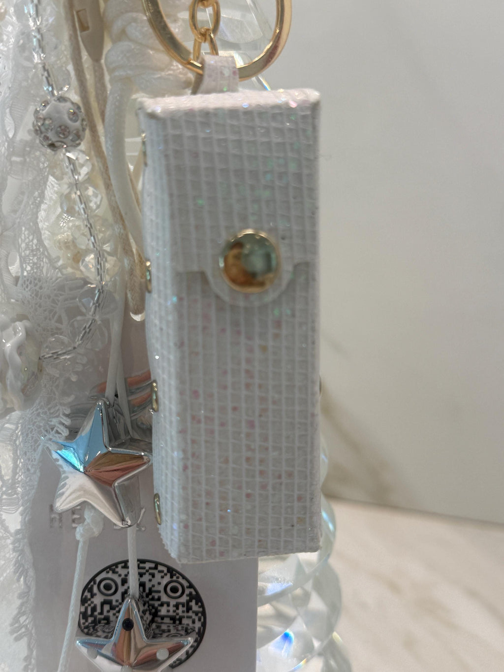 Glam Lipstick Holder Bag Charm Keychain with Pearls, Ribbon & Star Charm